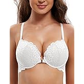 Deyllo Women's Front Closure Bras Lace Racerback Padded Push Up Bra Underwire Plunge