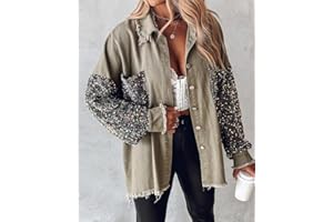 Womens Sequin Patchwork Denim Jacket Oversized Long Sleeve Button Down Shacket with Raw Hem for Party Daily Outerwear