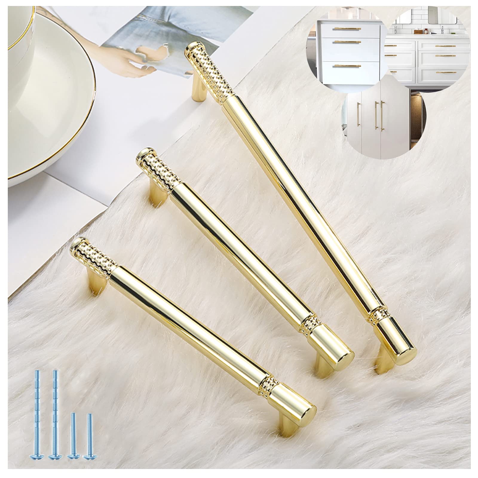 YNDD 6 Pieces Gold Cabinet Handles Kitchen Handles 128 mm Spacing Spaces, Modern Zinc Alloy Drawer Handles, Bedroom Cabinet Handles, Door Handles for Bathroom, Dresser, Cupboard, Office