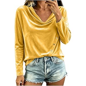 Womens Cowl Neck Velvet Tops Long Sleeve Dressy Shirts Office Blouse | Draped Neck Velvet Tops Trendy 2026 Fall Cowl Neck Shi