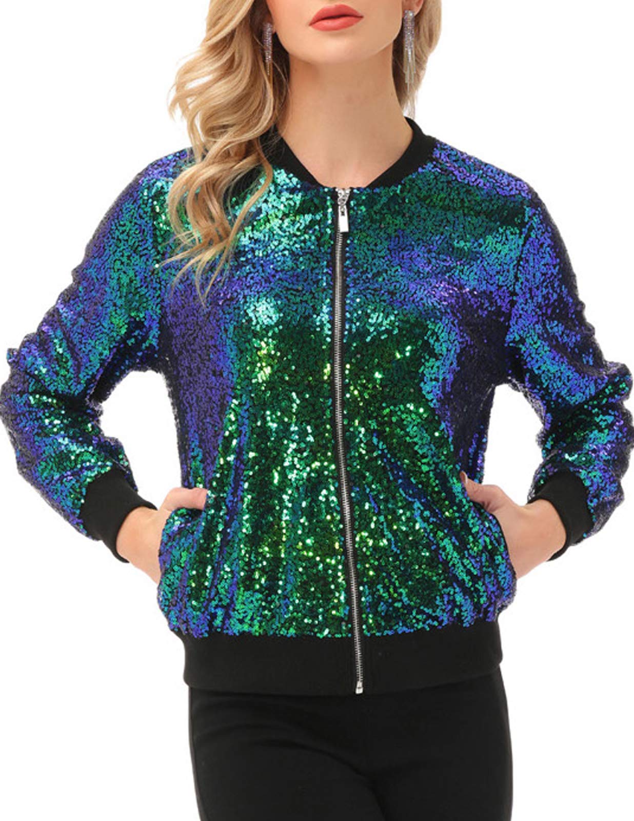 KANCY KOLE Glitter Sequin Jacket Long Sleeve Sparkle Jacket Lightweight Bomber Jacket with Pockets(XL,Green) Image