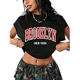 Hilinker Women Summer Crew Neck Crop Tops Cap Sleeve T Shirts Black Brooklyn Large