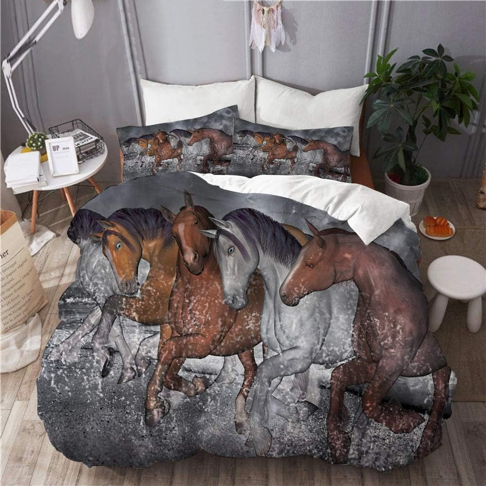 COVASA Duvet Cover Set, Horses Beach Ocean sea from The Full Moon Rising Running Gallop Bay Dapple Blaze Splash, Decorative 3 Piece Bedding Set with 2 Pillow Shams