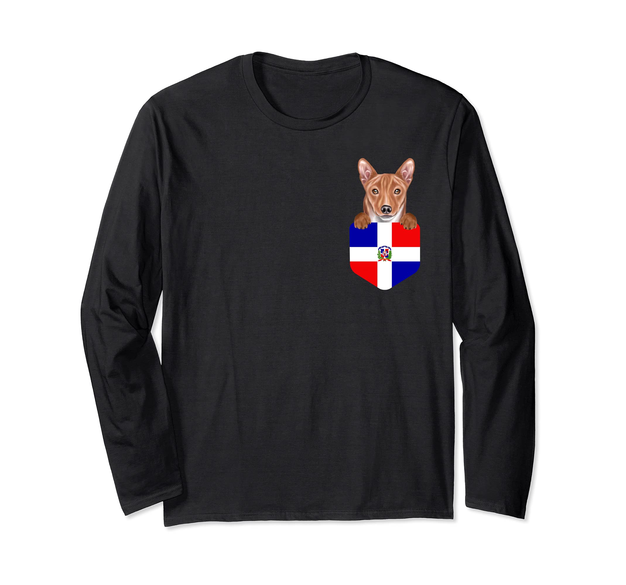 Dominican Republic Flag Basenji Dog In Pocket Long Sleeve T-Shirt