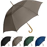 The Vented Urban Brolly 48" Arc Automatic Open Large Windproof Golf Umbrella, Classic Umbrella with Wooden J Handle, Vintage Style Lightweight Long Curved Handle Umbrella for Rain - Gray