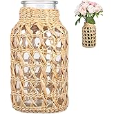 NOLITOY Straw Woven Glass Vase: 6.29in Rattan Boho Vase Country Rustic Style Flower Bottle for Floral Arrangements Table Centerpiece Farmhouse Decorative