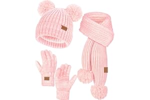 Remifa Kids Winter Hat Gloves Scarf Set, Toddler Girls Boy Fleece Lined PomPom Beanie Hat Kint Neck Long Scarf Warm Mittens