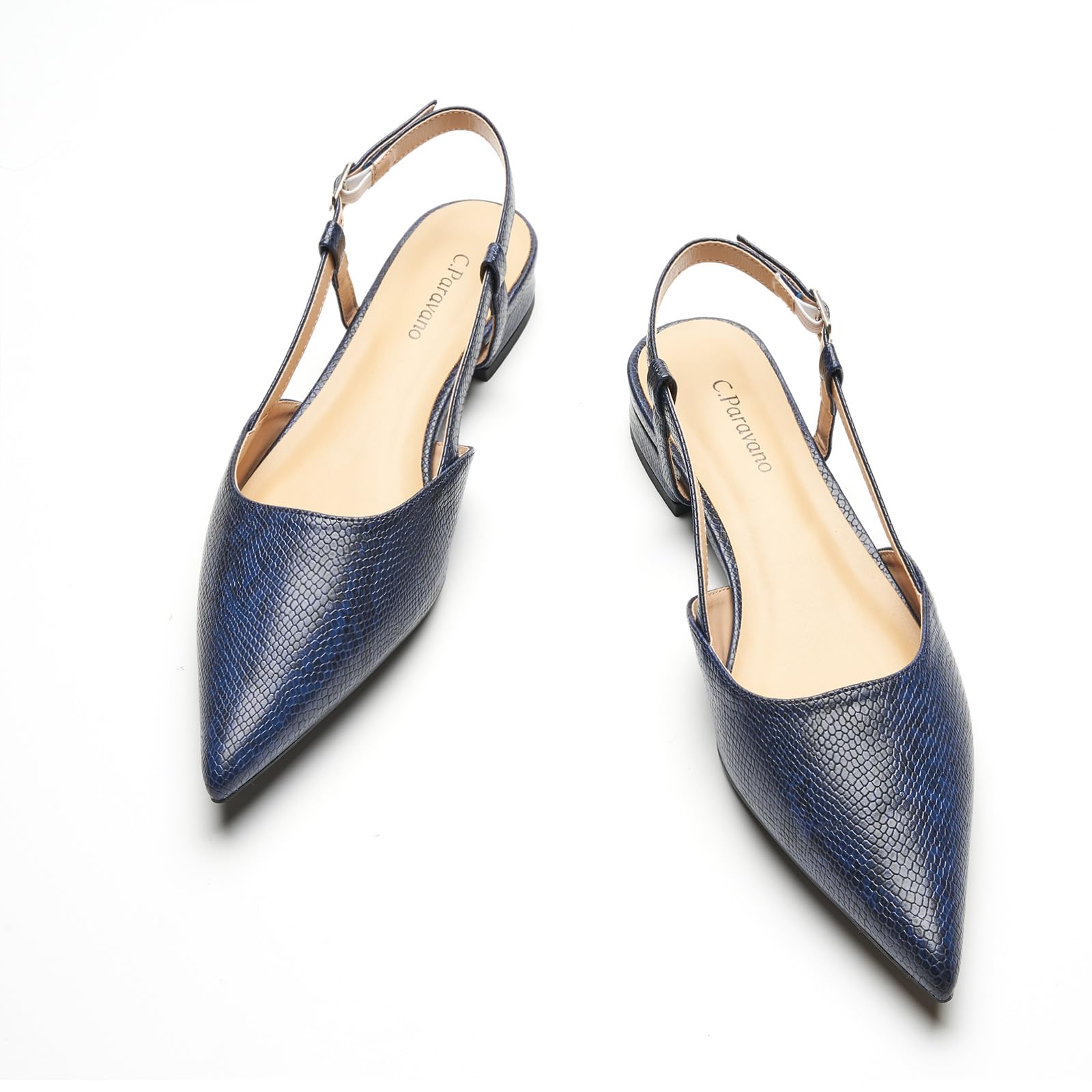Photo 1 of C.Paravano Women's Slingback Flats Pointed Toe Slingback Flats for Women Slingback Sandals Adjustable Ankle Strap Shoes(Size 9,Snakeskin Navy)