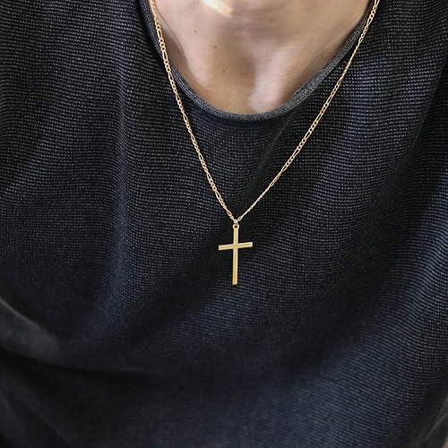 14K Gold Filled Cross Necklace for Men Figaro Chain Stainless
