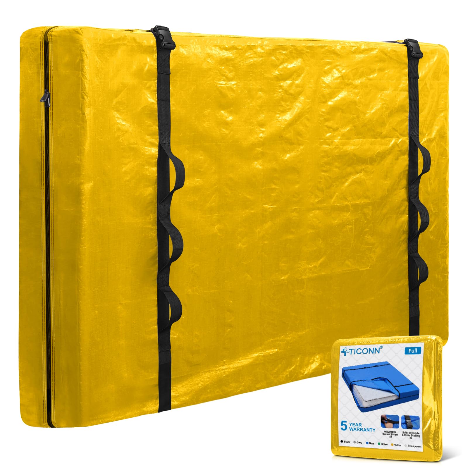 TICONN Mattress Bags for Moving, Heavy Duty Full Mattress Cover Storage Bag with Full-Around Handle and Adjustable Buckles (Yellow, Full) Image
