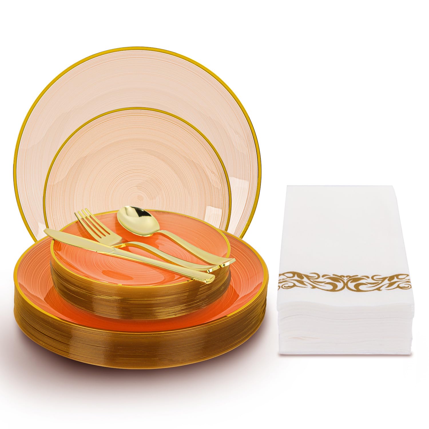 Photo 1 of **Partial Set - Only Plates**
N9R 180PCS Orange Plastic Plates with Gold Trim, Disposable Party Dinnerware Set for 30 Guests, Include 30 Dinner & Salad Plates, Napkins, Forks, Spoons, Knives, Perfect for Wedding, Dinner Party