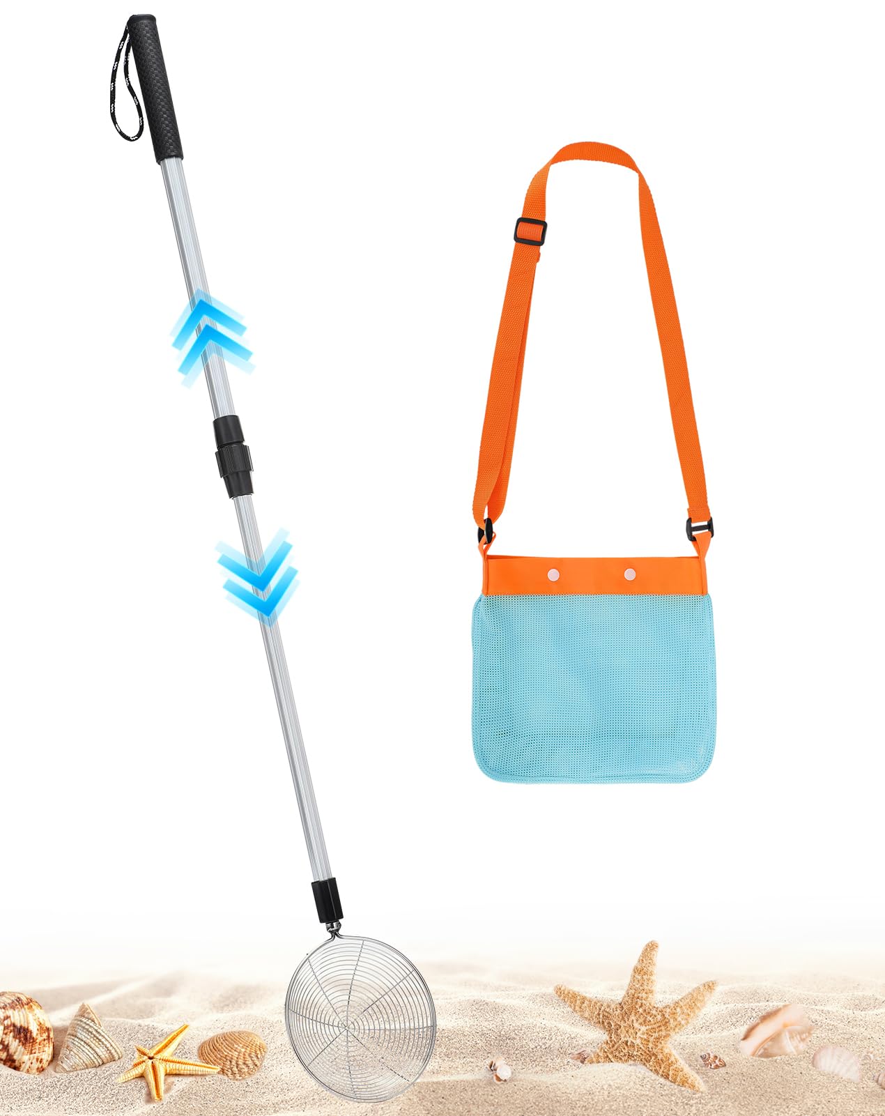 Photo 1 of 1 Pack Sand Sifter with Seashell Bags - 21.6"~33" Adjustable Shark Tooth Sifter for The Beach Seashell Collecting, Mesh Shovel Scooper with Retractable Handle, Beach Toys for Adults Family Kids