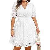 Women's Plus Size Summer Dresses - Casual Hollow Out Eyelet Lace Ruffle Aline Cute Short Dress for Beach Vacation Party