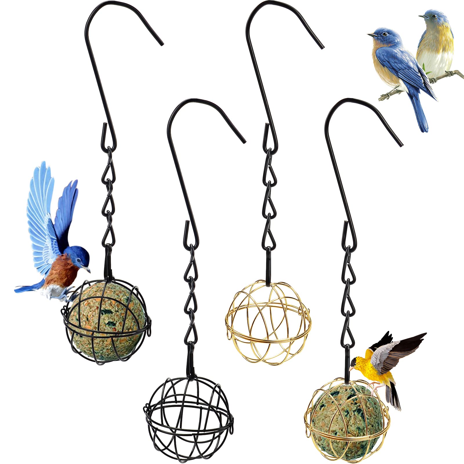 4Pcs Fat Ball Bird Feeders for Small Birds, Hanging Bird Feeder with 2 S-shaped, Metal Fat Ball Holder for Outdoor Garden Wildlife Birds Finch Sparrow Robin