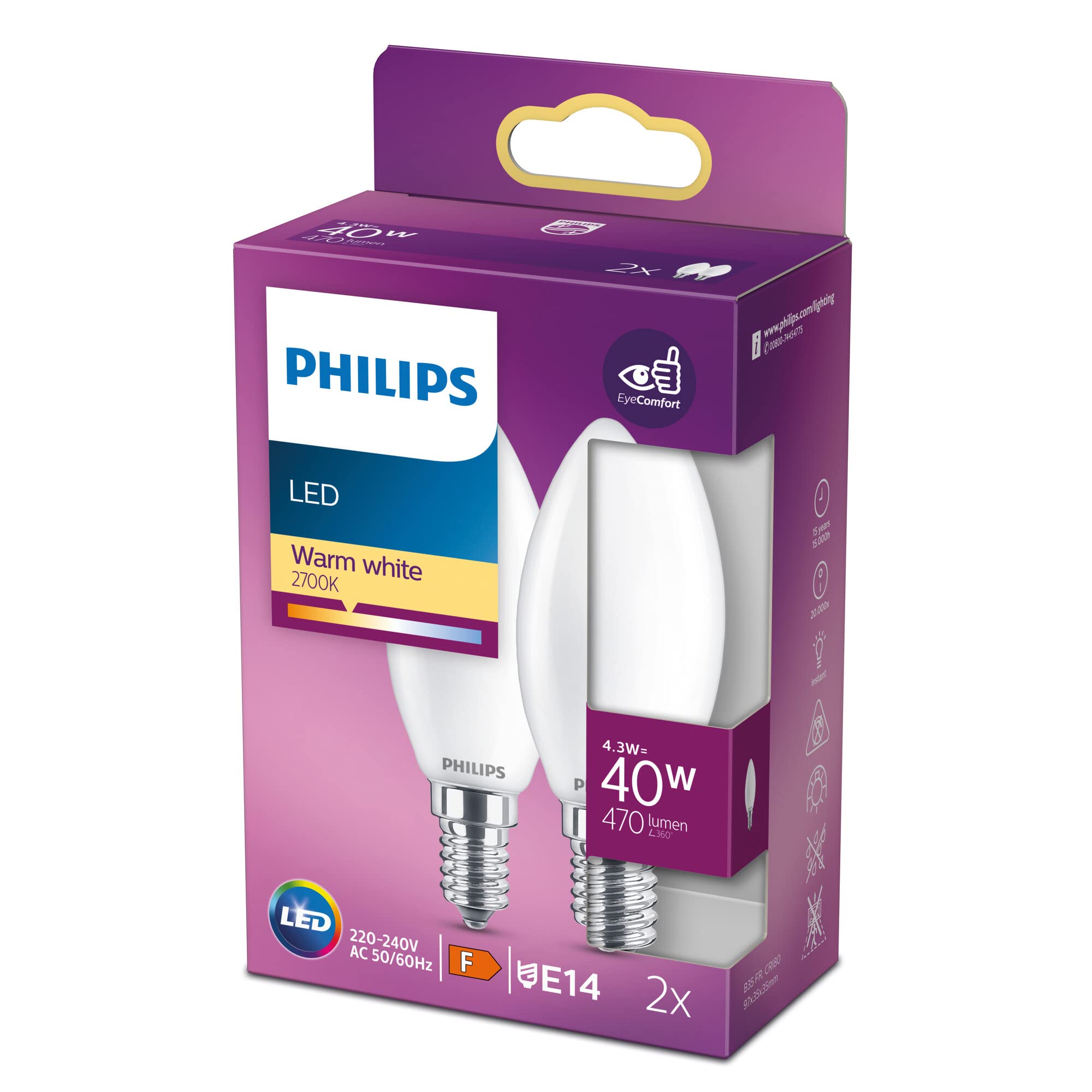 Philips LED Premium Classic Frosted B35 Candle Light Bulb 2 Pack [E14 Small Edison Screw] 4.3W- 40W Equivalent, Warm White (2700K), Non-Dimmable.