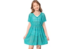 BesserBay Girls Summer Crochet Bat Sleeve Hollow Out Sheer Swimsuit A-line Hem Loose Fit Quickly Dry Coverups 5-14 Years