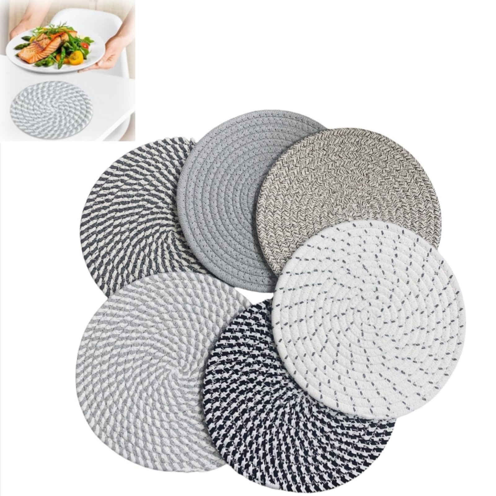 Coaster Set of 6, Woven Round Placemats Non Slip Soft Trivets for Hot Pots and Pans, Heat Resistant Table Mats Trivet for Kitchen Worktops 20cm