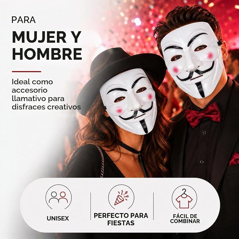 Máscara de Vendetta como Acessório de Fantasia para Homens, Mulheres, Crianças e Adultos para o Carnaval e Anónimos — foto 3 de 8
