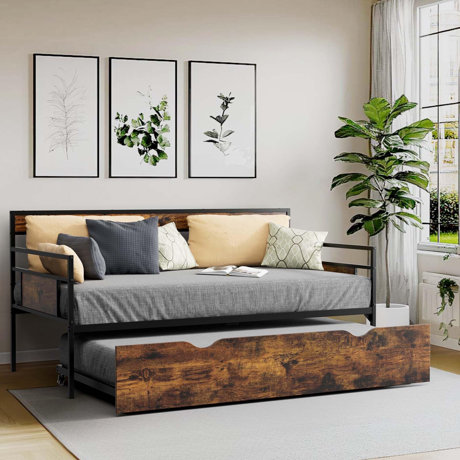 Photo 1 of Tatub Twin Daybed with Trundle, Rustic Metal Sofa Bed Frame with Wooden Headboards, Saving Space Day Bed Frame for Living Room, Bedroom, Apartment, Rustic Brown
