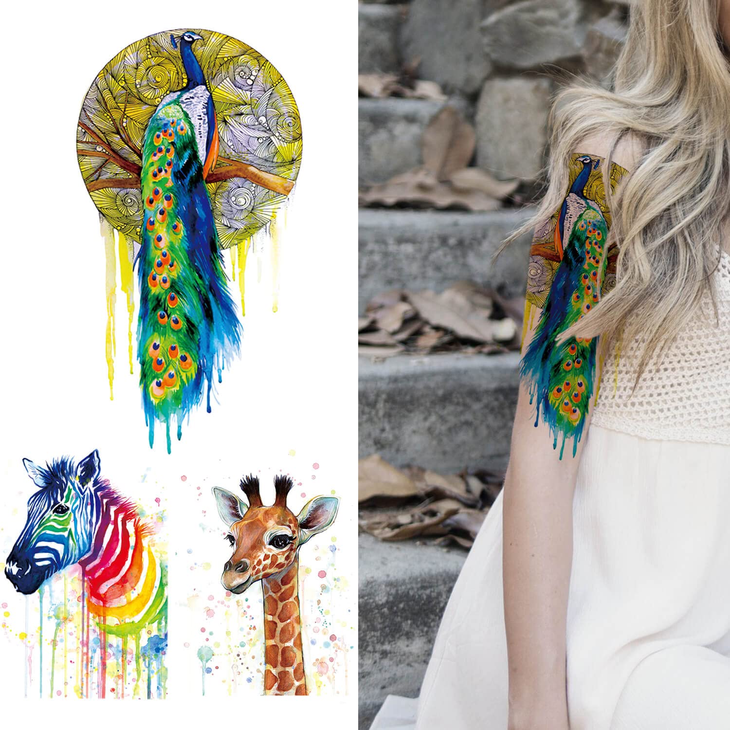 Glaryyears Watercolor Animal Temporary Tattoos, 5 Pack Large Fake Long Lasting Tattoo Stickers for Adults Women Men Makeup, Owl Dog Peacock Giraffe Zebra Painting on Body Art Decoration Rock Tumbler