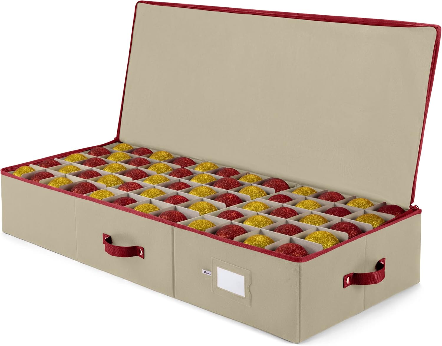 Holiday Décor Storage - Zober Christmas Ornament Storage Box - Stores 120 Ornaments W/ Dividers - 600D Oxford Fabric Under Bed Christmas Ornament Storage Containers - 3 Inch Cube Compartments - Ivory