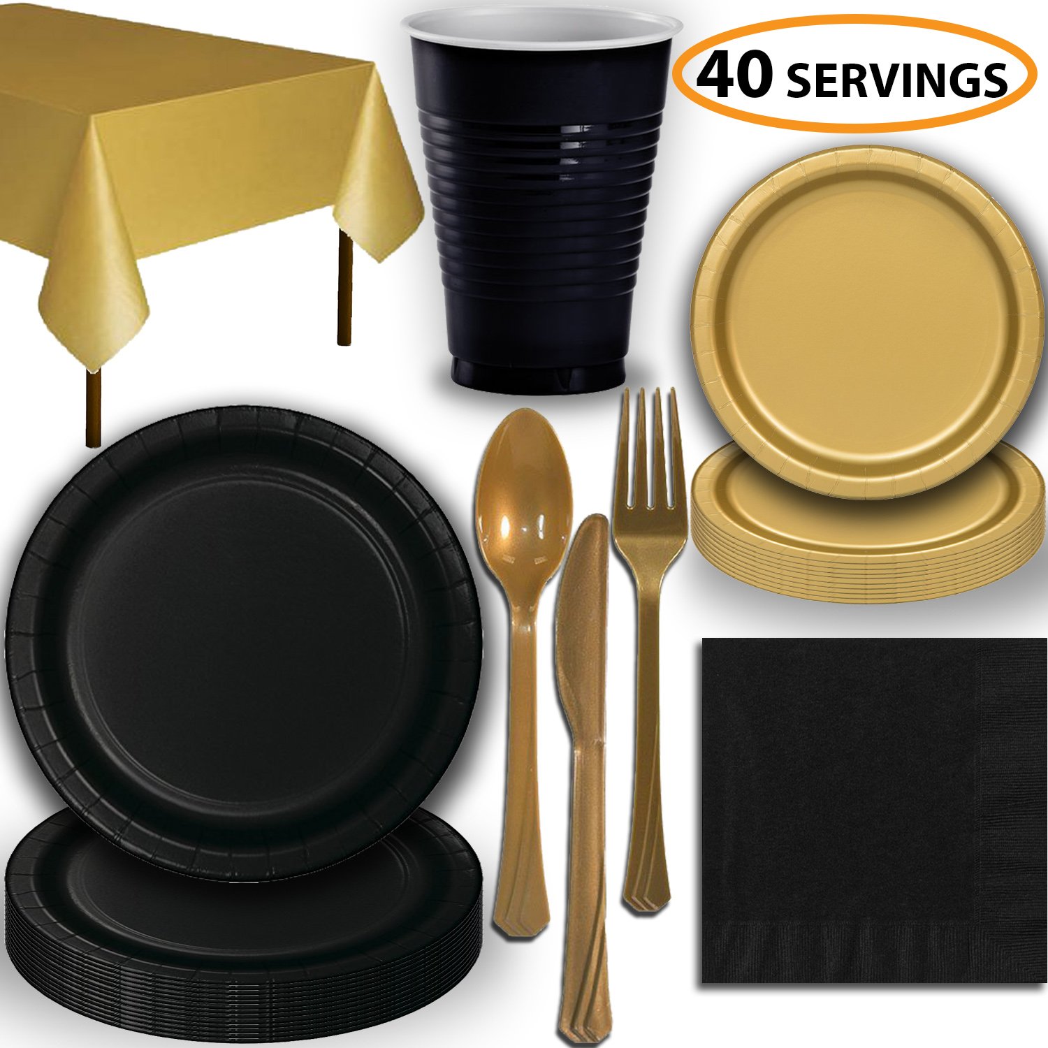 Disposable Party Supplies, Serves 40 Gold and Black