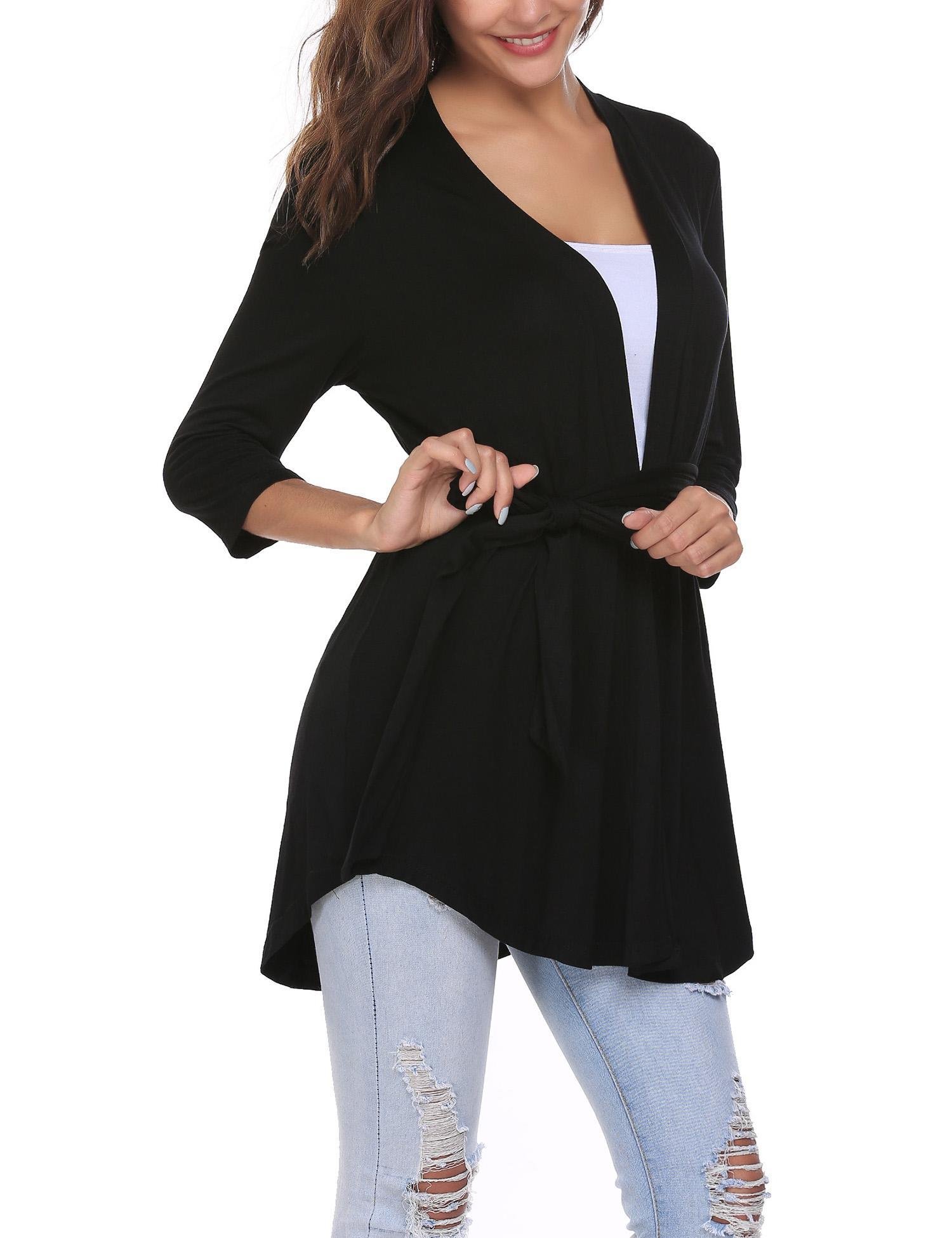 Zeagoo Women\'s long Sleeve Draped Open Front Longline Asymmetrical Hem Kimono Cardigan w/ Belt (Black/M)