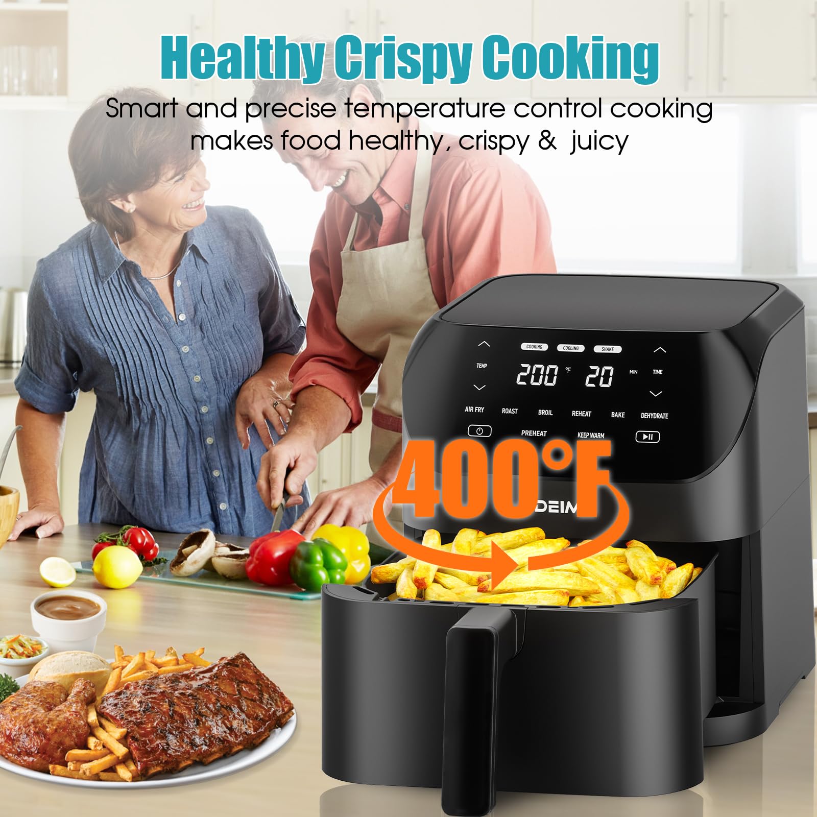 Freidora de aire 6.2 QT Freidoras de aire caliente sin aceite de gran capacidad Horno 1500 W Cocina saludable con 8 preajustes, pantalla táctil LCD digital, ventana de cocción visual, cesta antiadherente, receta incluida (Negro-M)