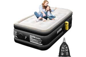 KAYFIA Twin Air Mattress with Built-in Rechargeable Pump Quick Set up Inflatable Mattress under 3 Mins for Camping & Portable Travel Blow up Bed Leak-free Luxury 18" Flocked Air Bed with Raised Pillow, Black