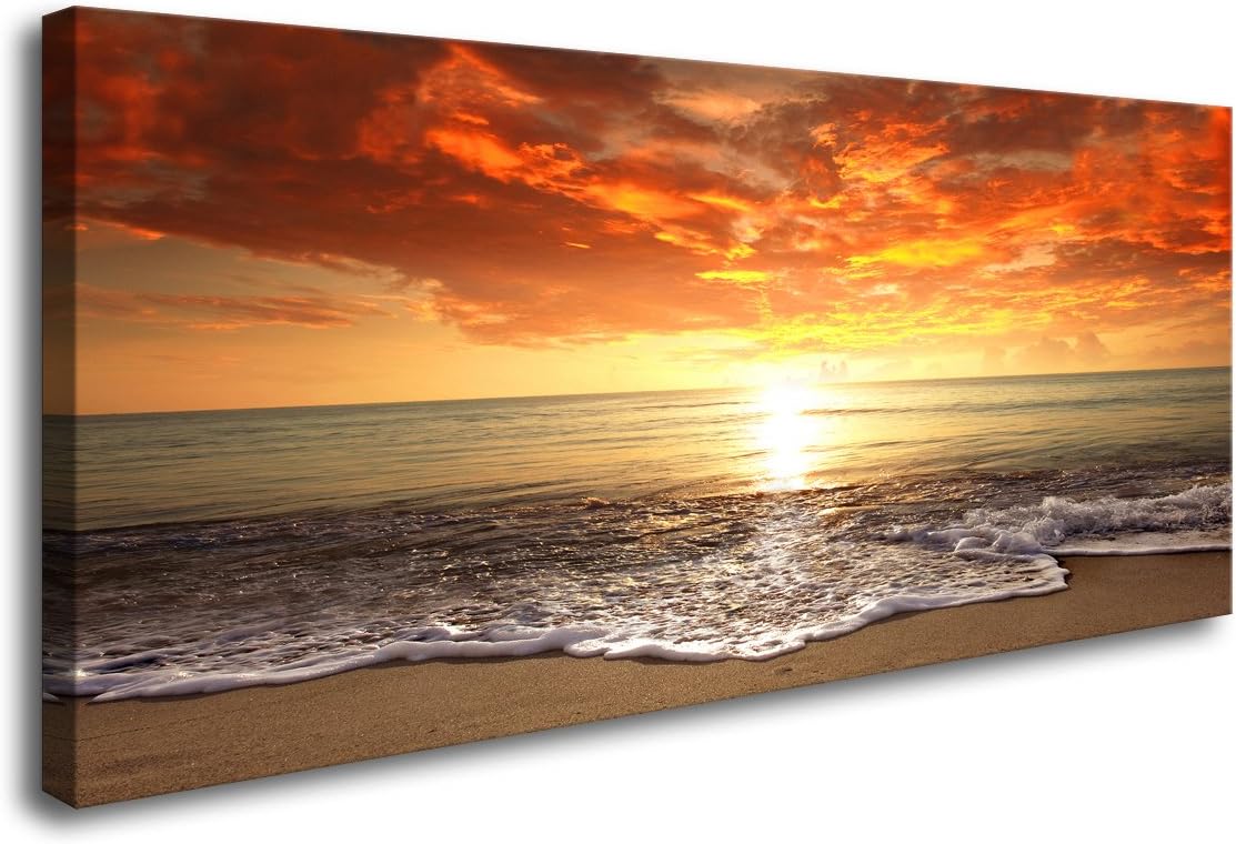 Wall Décor - Baisuart-S0162 Canvas Prints Wall Art Sunset Ocean Beach Pictures Photo Paintings for Living Room Bedroom Home Decorations Modern Stretched and Framed Seascape Waves Landscape Giclee Artwork