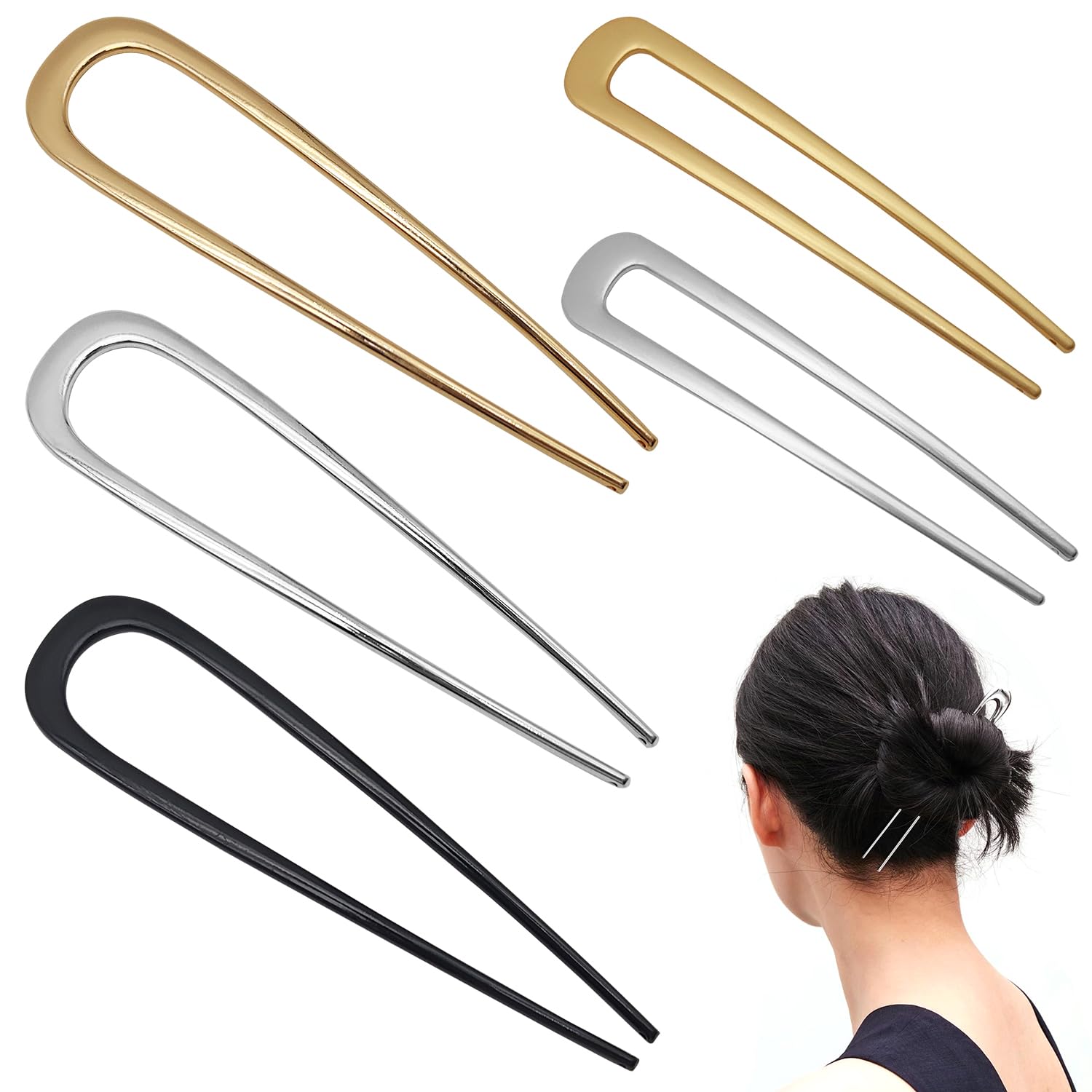 5 Pcs Metal French Hair Pins for Women Girls, 5.5’’ & 3.9’’, French Twist Hair Pins Forks Sticks, U Shaped Hair Pin for Buns, Hair Style Accessories Ideal for Long & Thick Hair (Black, Gold, Silver)