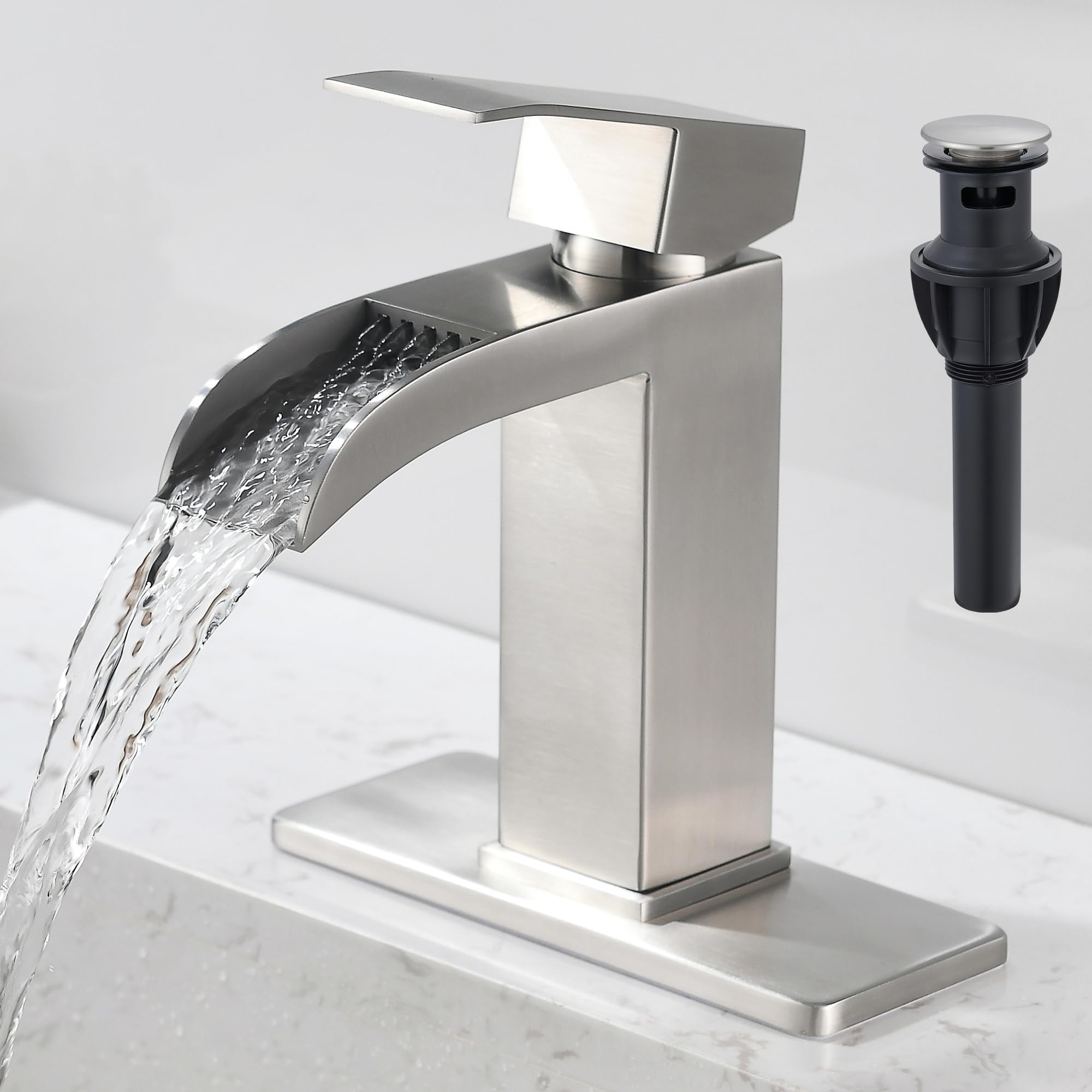 Photo 1 of BRAVEBAR Brushed Nickel Waterfall Bathroom Faucet - Single Handle Sink Faucets Bathroom 1 Hole or 3 Hole for 4In | Modern Solid Brass Vanity Faucet with Deck Plate & Overflow Pop Up Drain