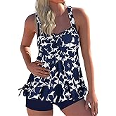Hilor Women's Plus Size Tankini Swimsuit Flowy Two Piece Bathing Suits Loose Fitting Tankini Swimwear with Shorts