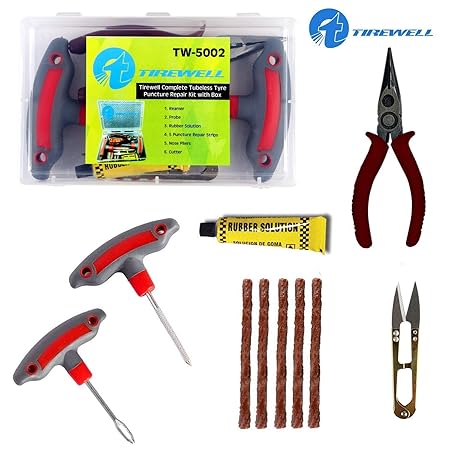 TIREWELL TW-5002 6 in 1 Universal Tubeless Tire Puncture Kit Emergency Flat Tyre Puncher Repair Patch Tool Box for Car Bike SUV and Motorcycle