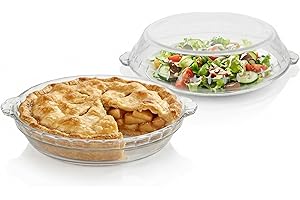 HEMOTON 10 Inch Glass Pie Plate with Handles, Dish Baking Pan for Apple Pie Quiche, Microwave Splatter Cover Lid, Round Tempe