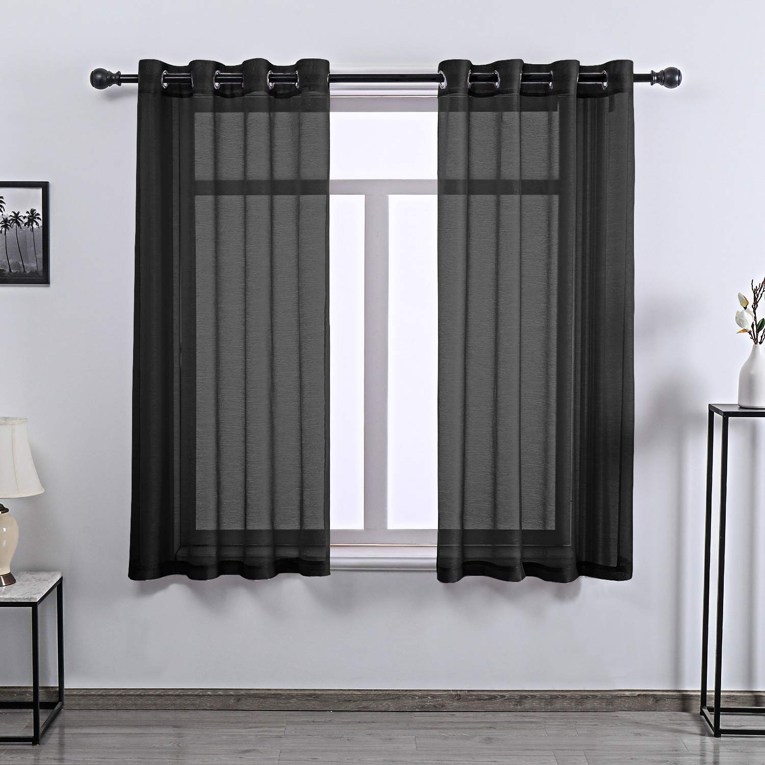 DONREN Jet Black Textured Sheer Curtains Short Sheer Window Curtain Grommet Top Panels for Bathroom 52 by 45 Inch 2 Panels