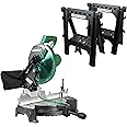 Metabo HPT Compound Miter Saw with Sawhorses Set, 10 Inch & Single Bevel, Large table saw for woodworking, Saw horses 2 Pack Heavy Duty, Weather-Resistant Lightweight Sawhorses, C10FCGS & 115445M