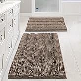 H.VERSAILTEX Bathroom Rugs Sets 2 Piece Non Slip Thick Shaggy Chenille Bathroom Rug Mat Set Extra Soft and Absorbent Striped Floor Rugs, Machine-Washable, Taupe Brown