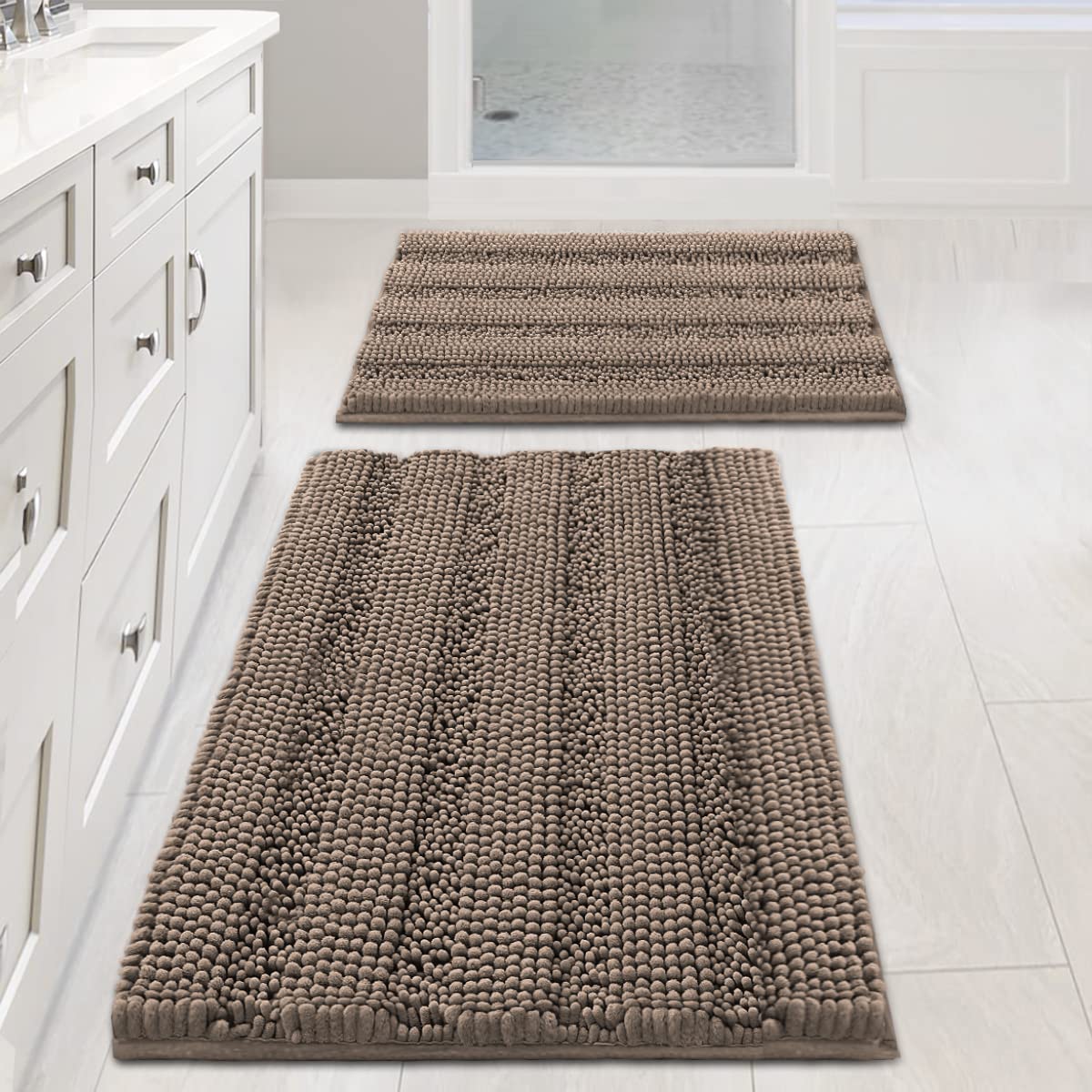 Photo 1 of H.VERSAILTEX Bathroom Rugs Sets 2 Piece Non Slip Thick Shaggy Chenille Bathroom Rug Mat Set Extra Soft and Absorbent Striped Floor Rugs, Machine-Washable, Taupe Brown