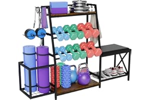 EYOCAL Weight Rack for Dumbbells, Home Gym Storage Rack for Yoga Mat Kettlebells, Workout Strength Training Equipment Stand with Hooks and shoes bench Black