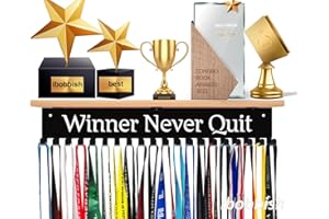 iBobbish Premium Trophy and Medal Display Shelf 16inchL,Metal Trophy Shelf with Hooks Upgraded,Large Bamboo Trophy Board Display,Sturdy Trophy Shelf with Hooks for Medals Metal Wall Mount Medals