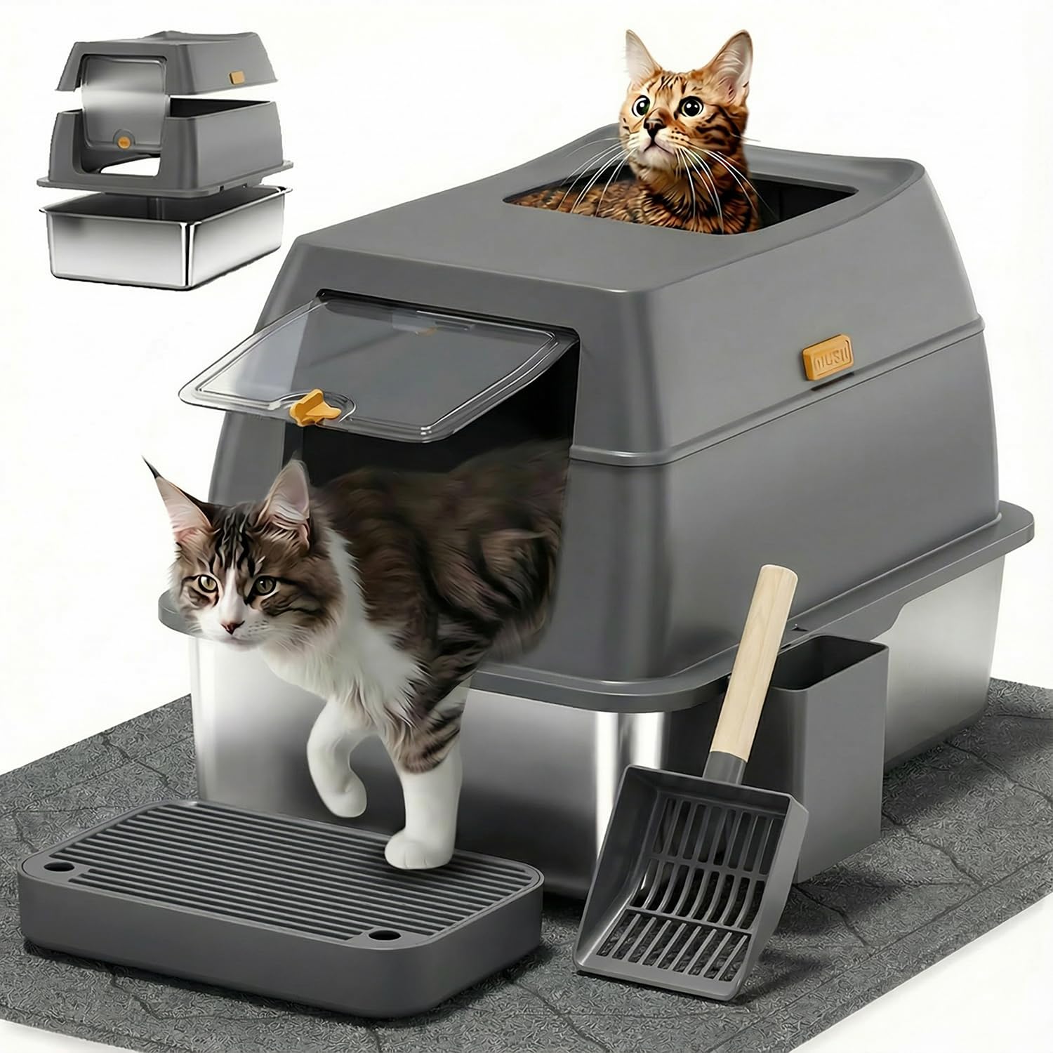 Stainless Steel Litter Box with Lid,Front Entry Top Exit Kitty LitterBox,Extra Large Enclosed Metal Cat Box with Litter Scoop & Litter Mat-Dark Gray Image