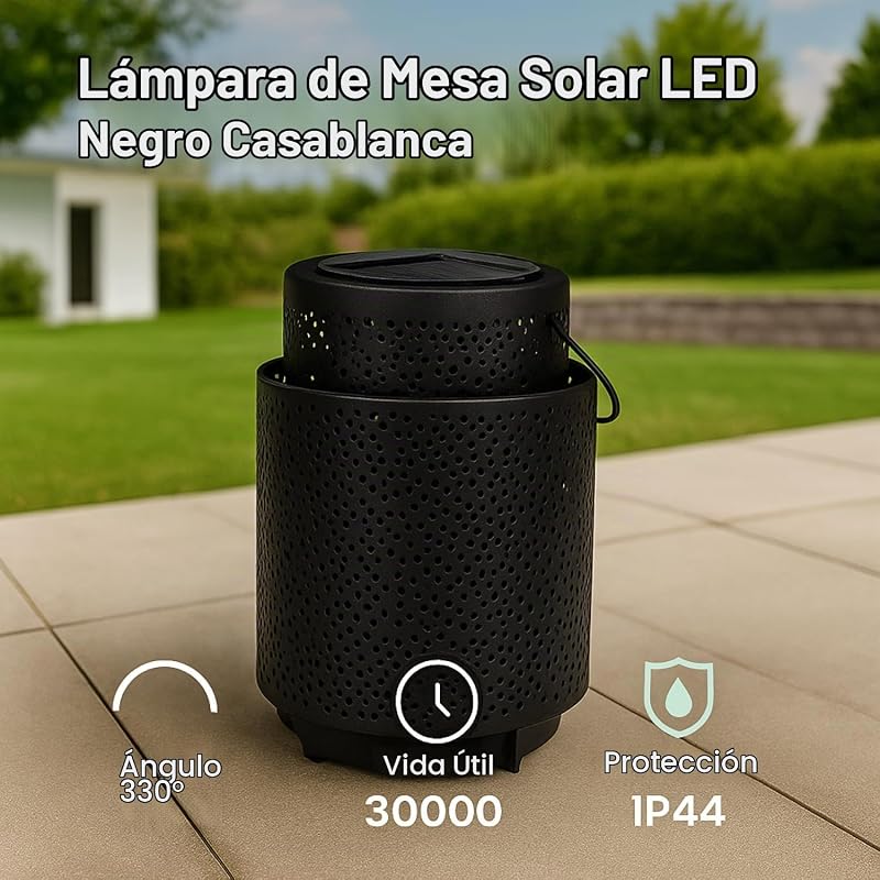 - Candeeiro de mesa solar LED preto de Casablanca, luz quente 2500K, regulável, resistente à água IP44, bateria integrada, ideal para terraço e jardim