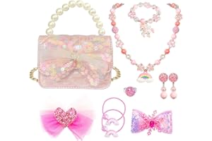ELEMIRSA Girl Handbag Purse for Little Girls Kids Pretend Play Dress Up Necklace Hair Accessories Jewelry Set, Light Pink