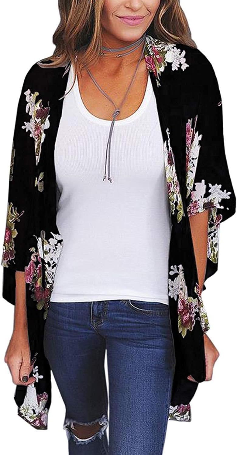 Chunoy Women Lightweight Floral Print Chiffon Loose Kimono Cardigan Capes Beach Wear Cover Up Blouse Top