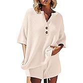 ETCYY NEW Oversized Striped Two Piece Sets for Women 3/4 Sleeve Henley Sweater Top High Waisted Shorts Summer Lounge Sets