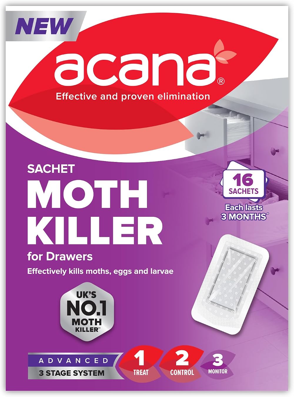 Acana Moth Killer Sachets 16 Pack for Drawers & Storage Lavender Scent