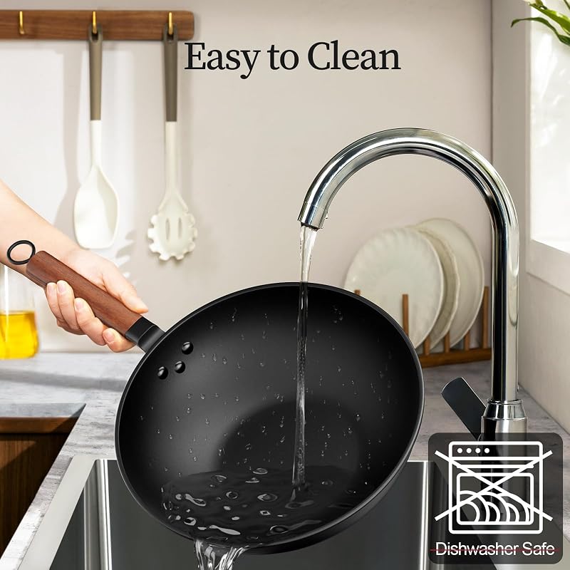 33cm/13inch Premium Wokpfanne mit Glasdeckel - Kohlenstoffstahl Wok ohne chemische Beschichtung, Ideal für Asiatische Küche, Induktionstauglich für Gasherd, Elektro- und Ceranfeld — Foto 6 von 7
