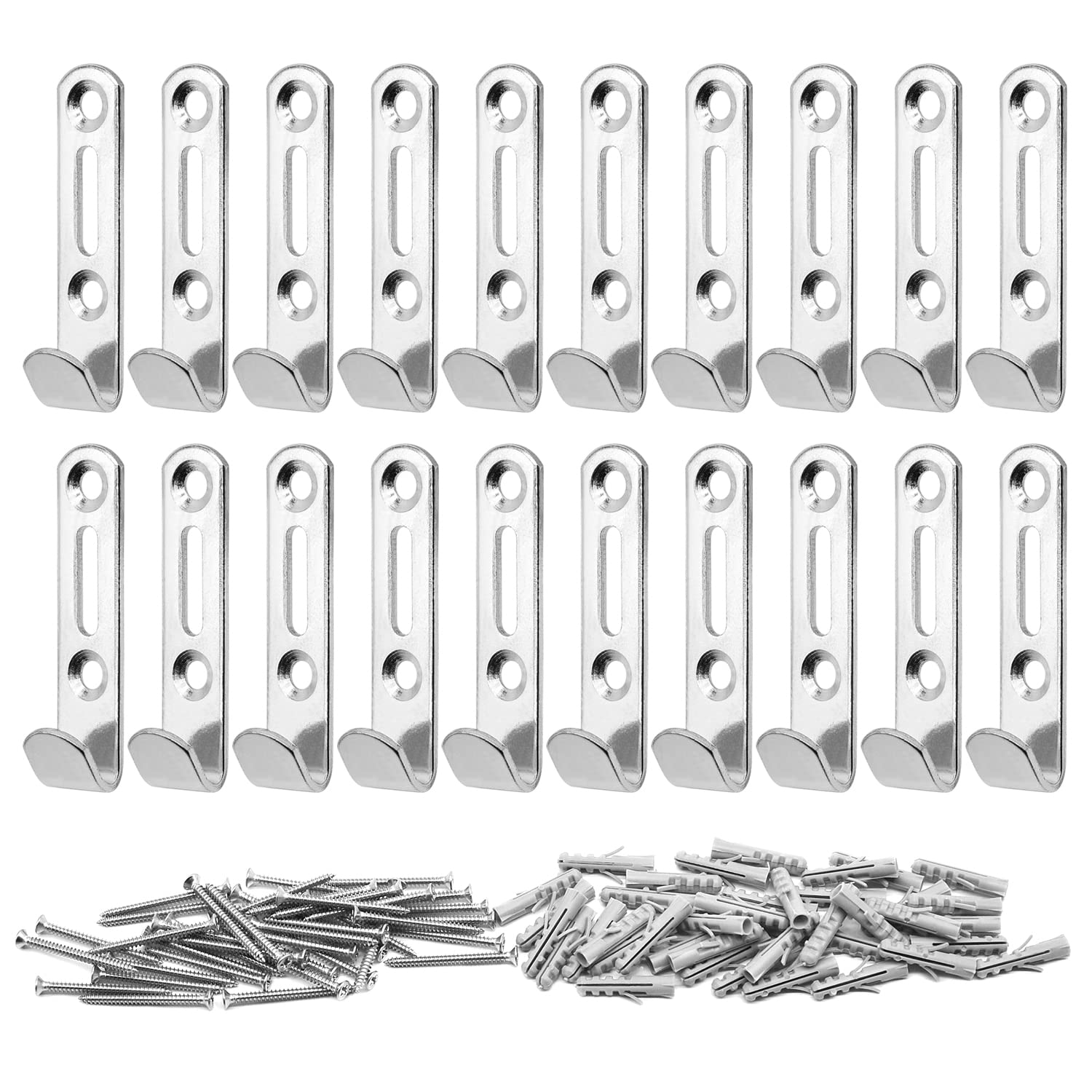 MABAHON 20set Heavy Duty J Wall Hooks Picture Mirror Hanging Hook Silver for Bedroom Kitchen Bathroom for Hanging Clothes Hats Scarves Bags - Can be Hung up to 25 kg