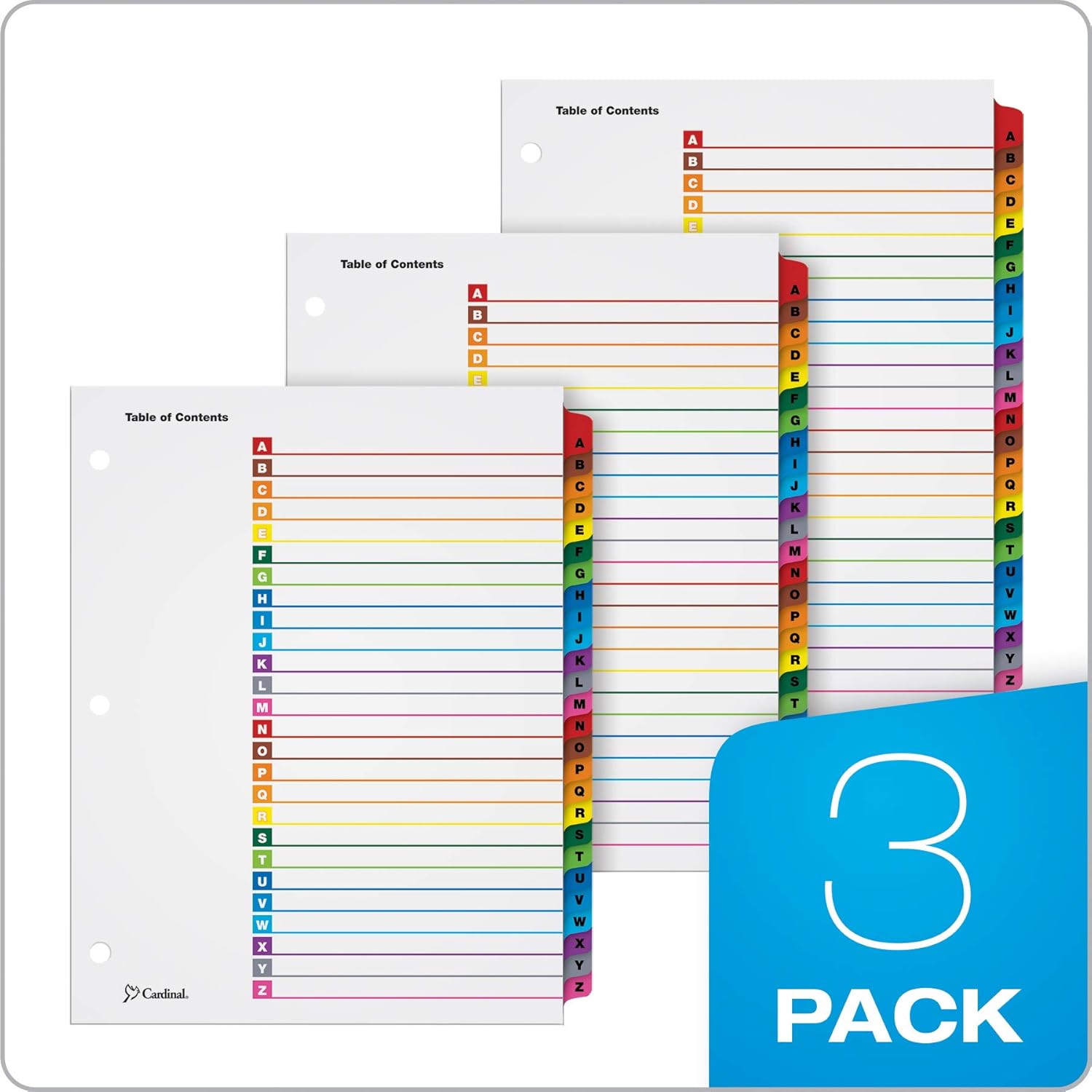 Cardinal A-Z Tab Dividers for 3 Ring Binders, Customizable Table of Contents Page with Multicolor A-Z Tabs, 3 Sets (63218) : Office Products